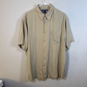 Structure Tan 100% Silk Short Sleeve Button Down Shirt Mens XL Beige Minimalist